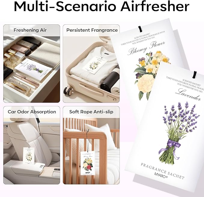MYARO 12 Packs Scented Sachets for Drawer and Closet, Long-Lasting Potpourri Bags Closet Air Freshener Home Fragrance Sachet 3 Scents Options- Lavender, Bloomy Flower, Gardenia