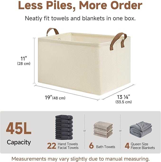 StorageWorks Storage Bins, Shelves Baskets for Organizing, 45L Extra Large Fabric Closet Organizers with Handles, Metal Frame, Beige?Texture?, 2-Pack