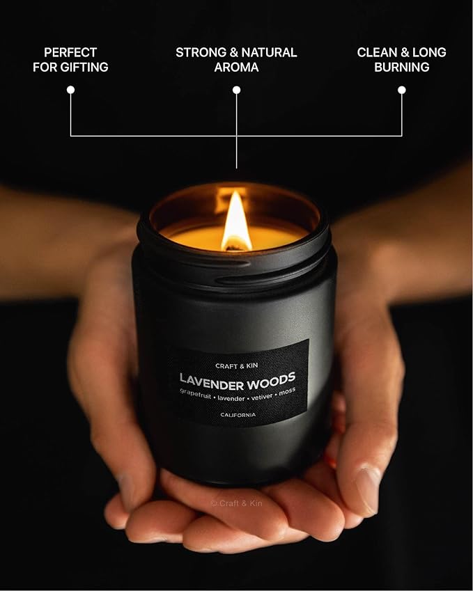 Craft & Kin Premium Lavender Woods Candle | Black Scented Candles for Men | Long Lasting with 45 Hour Burn Time, 7.6oz | Soy Candle | Aromatherapy at Home | Gifts for Men