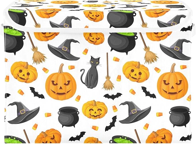 Halloween Storage Baskets Collapsible Storage Bins with Lids, Halloween Pumpkin Black Cat Ghost Bat Pattern Storage Boxes Clothes Baskets for Organizing