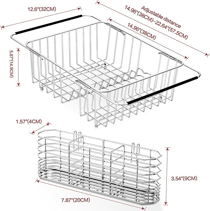 Fanbsy Large Dish Drainer Rack in Sink Adjustable, Expandable 304 Stainless Steel Metal Dish Drying Rack Organizer with Stainless Steel Utensil Holder Over Inside Sink Counter, Rustproof