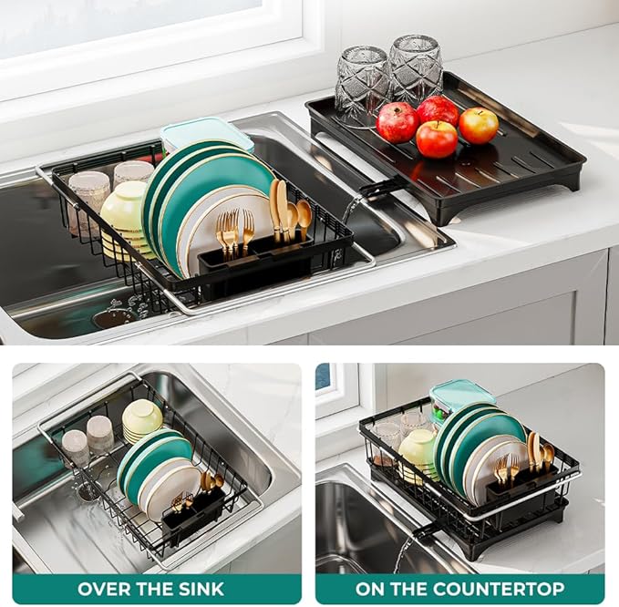 HANLE Small Dish Drying Rack in Sink, Expandable Stainless Steel Dish Drainers for Kitchen Counter, with Drain Board & Utensil Holder(Black)