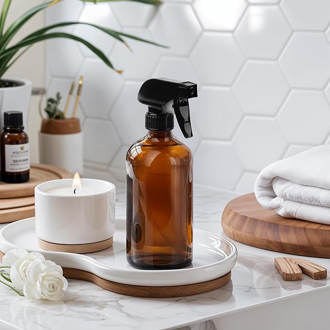 GLING 16 oz 2 Pack Amber Glass Spray Bottles, Refillable Empty Dark Glass Spray Bottle Great for Cleaning Solutions, Essential Oils, Hair, and Plants, Adjustable Nozzle for squirting and Mist