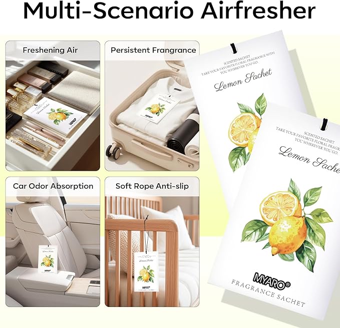 MYARO 12 Packs Lemon Scented Sachets for Drawer and Closet - Long Lasting Bathroom Odor Deodorizer Fresh Scents Car Air Refrehener Home Fragrance