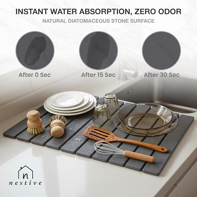 Large Stone Dish Drying Mat for Kitchen Counter, 24"x16", Fast Drying Collapsible, Diatomaceous Earth Mat, Super Absorbent Folding Mat for Dishes, Bottles, Glass, Heat-Resistant, Non-Slip (Dark Gray)