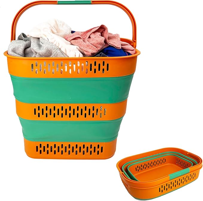 SAMMART 38L(10 Gal) Collapsible Laundry Basket - Foldable Pop-Up Storage Container/Organizer-Portable Space Saving Hamper, Measure 17.5x13.3x15.7"/3.8" Expanded/Collapsed (1, Autumn Leaf/Forest Green)