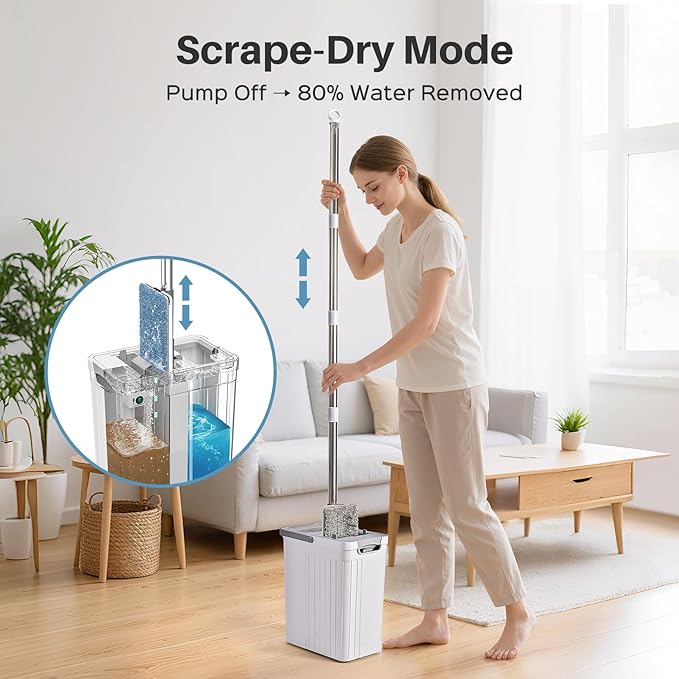 Mop and Bucket Set with AUTO Pump, 3-Zone Separate Dirty and Clean Water Floor Mop, Flat Mop and Bucket System with Wheels and Wringer, 3 Reusable Pads, One-Touch Water Filling for Floor Cleaning