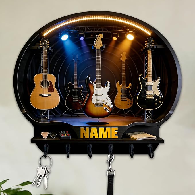 Personalized 2D Flat Print Guitar Stand Themed Wall Mounted Hooks for Music Lovers Family Friends Custom Rock Electric Guitar Coat Rack Music Themed Key Storage Holder for Living Room Hallway Office