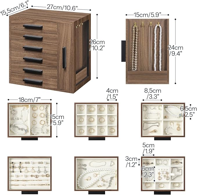 HOOBRO Jewelry Box for Women, Jewelry Organizer Box, 6-Tier Wooden Jewelry Box, Jewelry Case with Side Transparent Window, Creative Gift, for Earring, Necklace, Bracelet, Walnut and Black BH12JB04