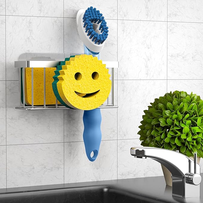 MURLONG Sponge Holder Smiley Face,Sink Caddy for kitchen Sink,Sponge Holder with 2 PCS Suction Cups/1 PCS Adhesive Strips,Designed for Sponge,Soap,Dish brush,Scrubber-Silver
