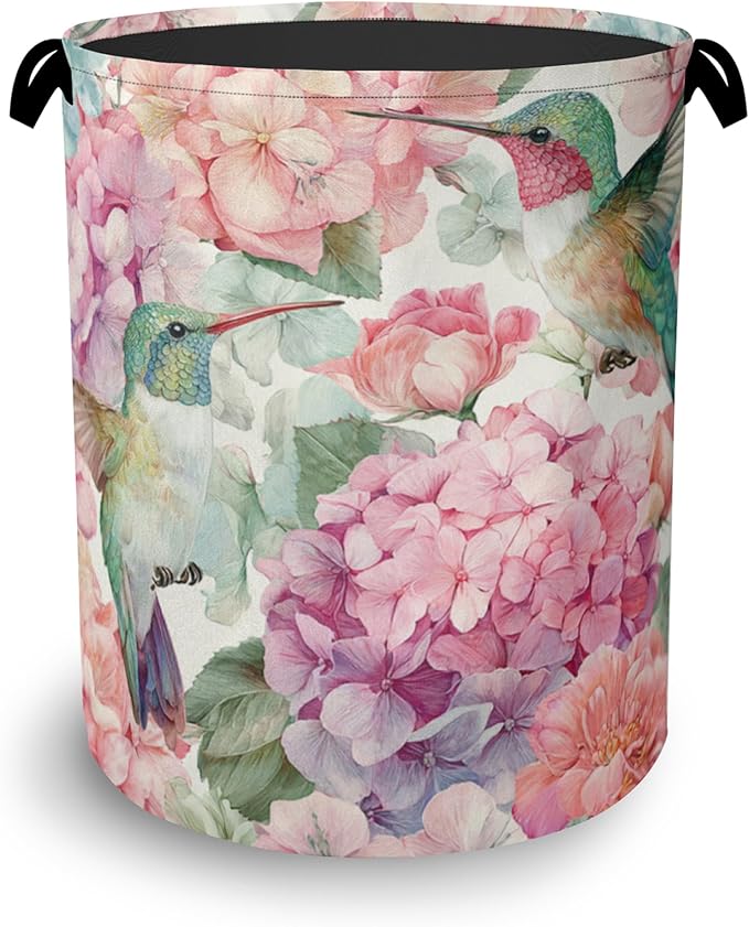 Hummingbird Laundry Hamper,Pink Flower Floral Dirty Clothes Laundry Basket with Handles Waterproof Oxford Cloth Storage Basket for College Dorms Bathroom Bedroom 16" x 20.8"