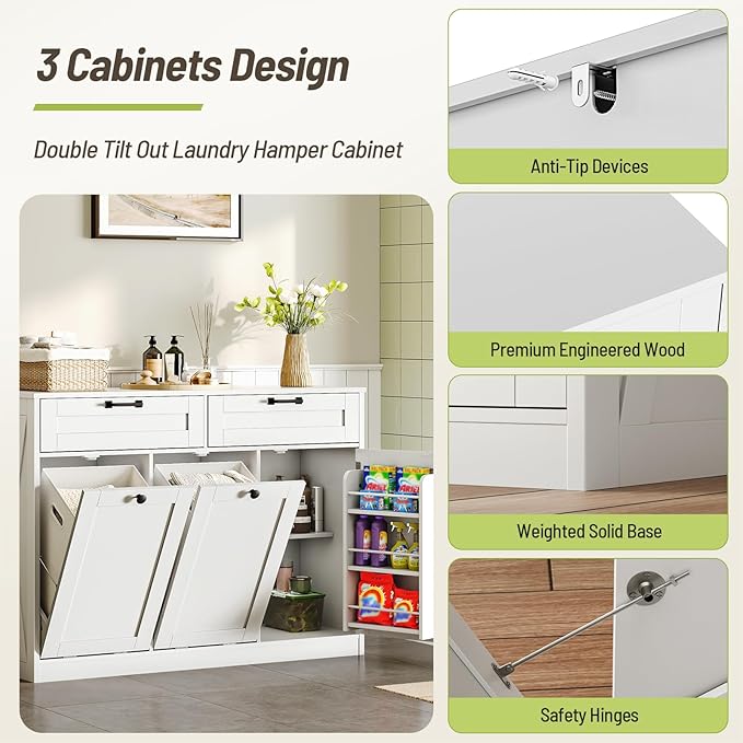 Double Tilt Out Laundry Hamper Cabinet, 43.3" Laundry Storage Cabinet with 2 Removable Baskets, Farmhouse Wooden Hidden Trash Bin Cabinet with Open Shelving, for Bathroom, White