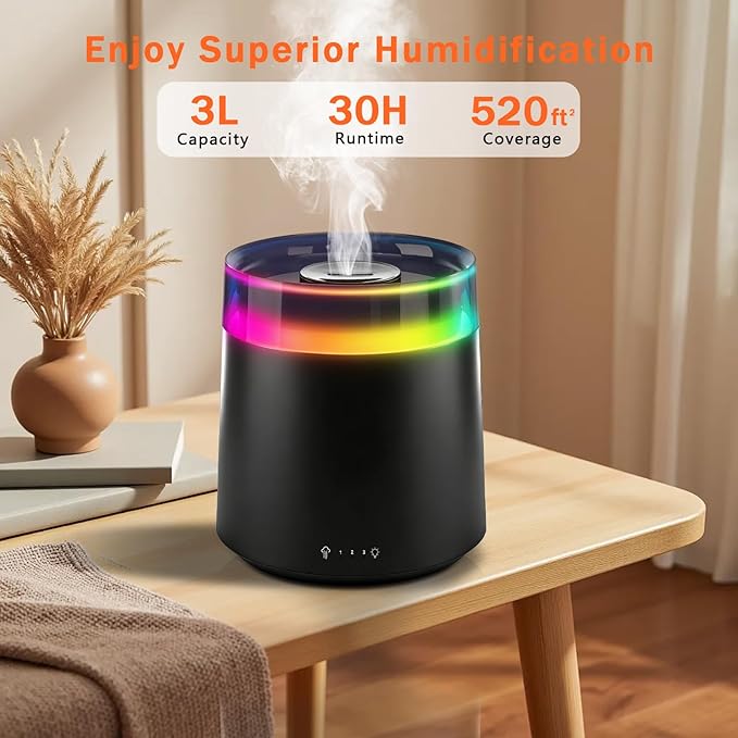 Humidifiers for Bedroom Home,3L Top Fill Cool Mist Humidifier for Baby Nursery,Essential Oil Diffuser for Large Room,3 in 1 uiet Ultrasonic Humidifier for,Office,Plant,Nursery,BPA FREE(Black)