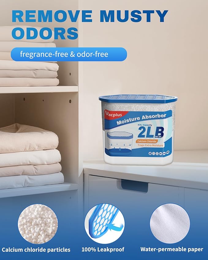 Vacplus Moisture Absorber Buckets – Large Capacity Dehumidifier and Humidity Absorber for Closet, Basement, Bathroom, RV, and Storage Areas, Unscented, 2 lbs, 4 Pack