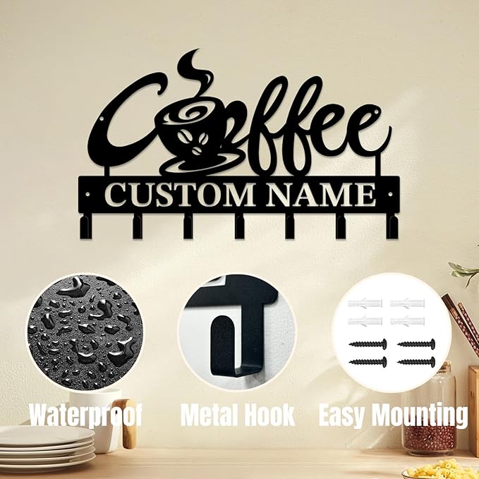 Personalized Custom Name Coffee Bar Wall Keys Hooks,Metal Coffee Shop Art Clothes Hooks,Metal Coffee Lover Wall Home Storage Decorative,For Front Door, Hallway, Kitchen, Bedroom,Keys,Hats (Style J)