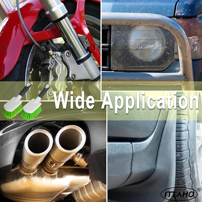 ITTAHO 2 Pack Car Wash Brush, Tire Brush for Cleaning Tires, Soft & Stiff Bristle Wheel Cleaner, Car Cleaning Supplies for Wheels, Rims, Carpet, Truck, SUV, Moto, RV, Motorcycle