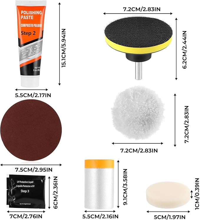 ISINFLASH Headlight Restoration Kit, Polish Restore Cleaner Clean Tool DIY Polishing, Sanding Discs, Scouring Pads for Electric Drill, 3 Easy Steps to Restore Sun Damaged Car Headlights Lens