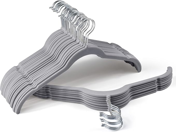 Sishynio Premium Velvet Shirt Hangers 30 Pack, Space-Saving Non-Slip Felt Hanger with 360° Swivel Hook, Slim Flocked Hangers for Strappy Dresses, Blouses, Tank Tops(Grey)