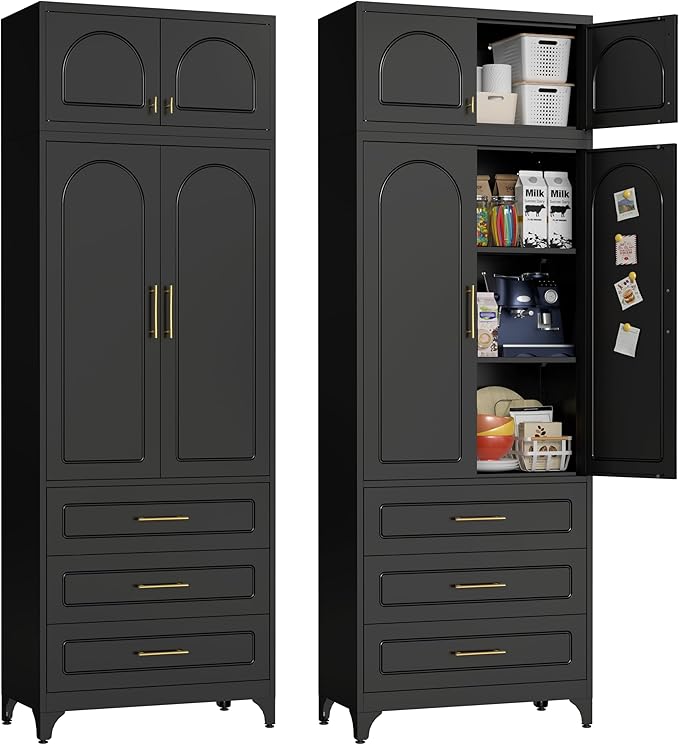 90" Pantry Kitchen Cabinet with Drawer, 75" Pantry Cabinets with 15" Cabinets, Freestanding Kitchen Storage Cabinet for Dining Room, Living Room, Alacena para Cocina, Assembly Required, Black