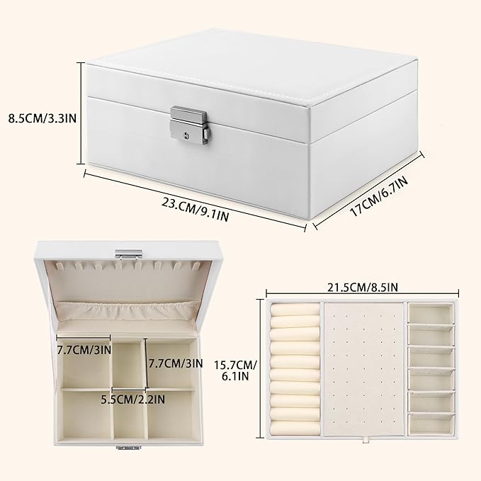 Homeanda Jewelry box 2 layer Jewelry box Leather Jewelry boxes for Women Girls Teens Jewelry organizer box Jewelry Storage box with lock(White)
