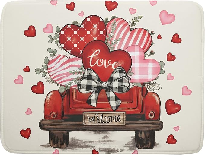 Valentines Day Red Truck Dish Drying Mat for Kitchen Counter 24x18 Inch Pink Heart Drying Mat with Absorbent Reversible Microfiber Love Dish Drainer Mats Rack Pad for Coffee Countertop Protector