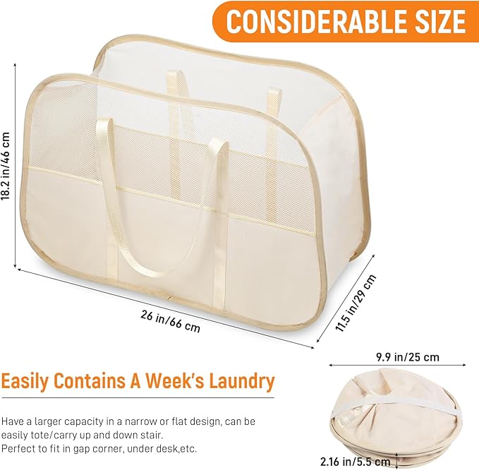 Collapsible Laundry Baskets with Easy Carry Handles, 95L Clothes Hamper for Storage, Foldable Laundry Basket Tear-proof, Large Pop Up Hampers for Laundry, Bedroom, Bathroom, Dorm Beige