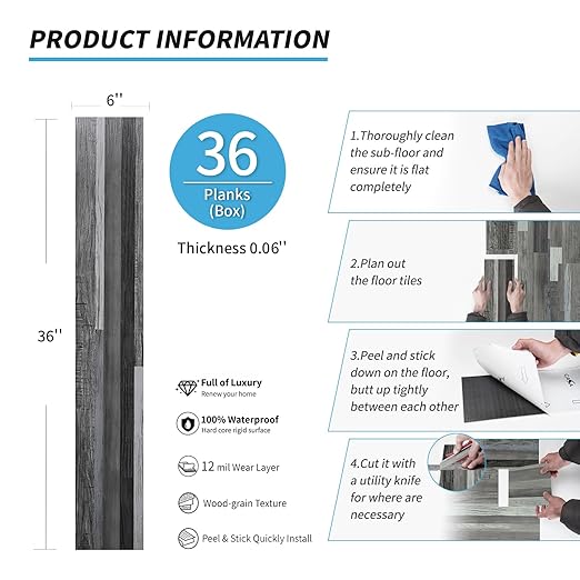 Art3d 36-Pack 54 Sq.ft Peel and Stick Floor Tiles Vinyl Plank Flooring Wood Look, Adhesive and Waterproof Tile Sticker for Bedroom, Living Room, Kitchen, RV in Grey