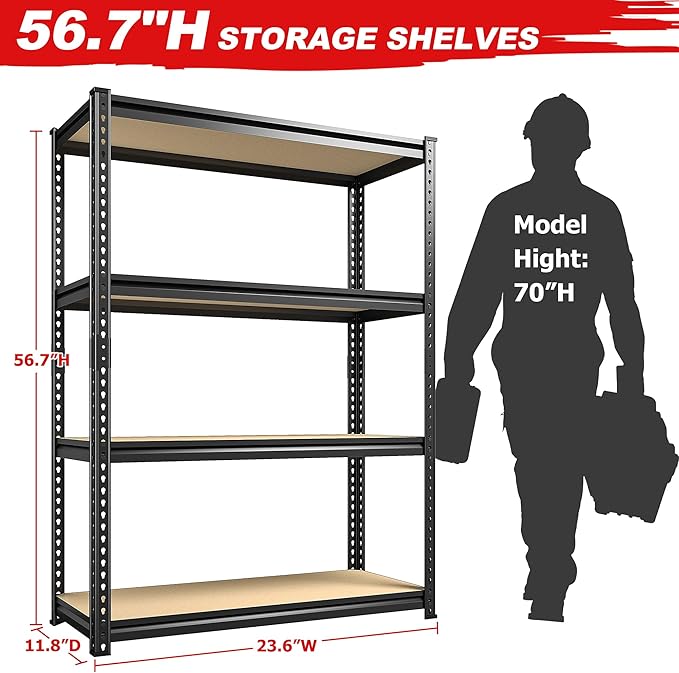 REIBII Storage Shelves Adjustable Metal Shelving 1600LBS Garage Shelves Industrial Metal Shelves 4 Tier Garage Shelving for Warehouse Basement Kitchen Pantry Closet, 11.8" D x 23.6" W x 56.7" H