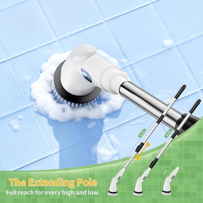 Electric Spin Scrubber - Household Cleaning Brush with 8 Heads, 51.2in Extendable Pole Bathroom Scrubber for Stubborn Grease on Grill, Stovetop & Bathtub, 90Min Runtime - Type B
