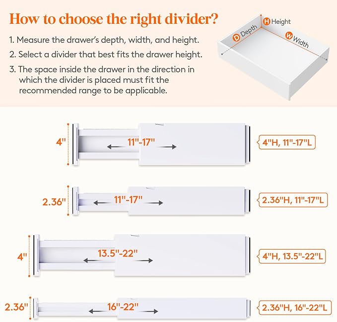 Lifewit 5 Pack Drawer Dividers 4" High, 11-17" Adjustable Dresser Drawer Organizers for Clothes, Expandable Drawer Separators in Kitchen/Bedroom/Bathroom/Vanity/Office Organization and Storage, White