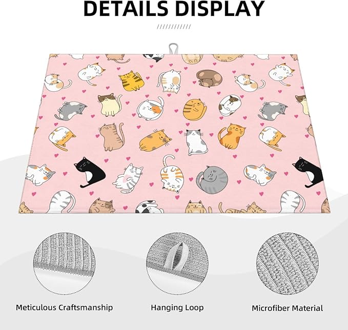 Cute Cat Dish Drying Mat for Kitchen Counter Cute Pink Kitchen Mat Microfiber Kitchen Countertop Absorbent Reversible Drainer Rack Pad Dish Drying Mat 18 x 24 Inch