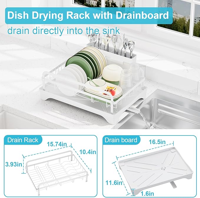 HOMEBOSILY Dish Drying Rack for Kitchen Counter - Large Capacity Dish Drying Rack with Drainboard, Kitchen Sink Dish Rack, Countertop Dish Drainer Rack with Cutlery Holders Dish Dryer Rack White