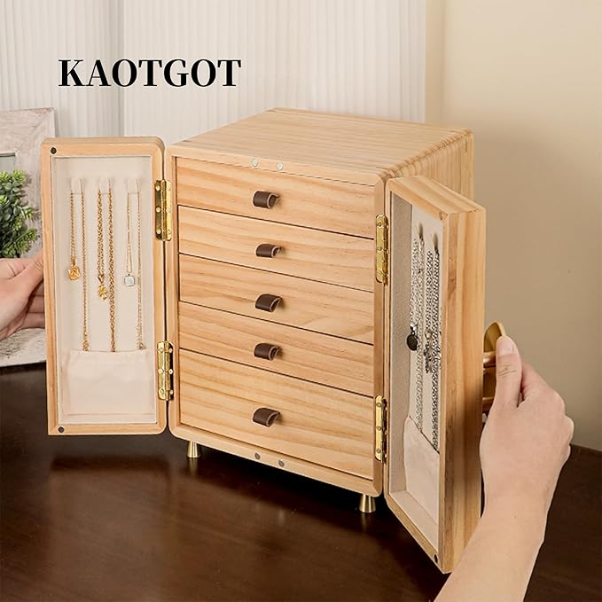 Jewelry Box for Women Girls, Wooden Jewelry Box Organizer Functional With Drawers, 5 Layers Jewelry Organizer for Earring, Ring, Necklace, Bracelets