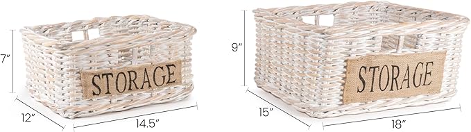 happimess BSK1005A-2SET Reed Southwestern Hand-Woven Rattan Nesting Wicker Storage Baskets with Handles, Seagrass Container for Decoration in Bedroom, Closet, White Wash/Kubu Gray (Set of 2)