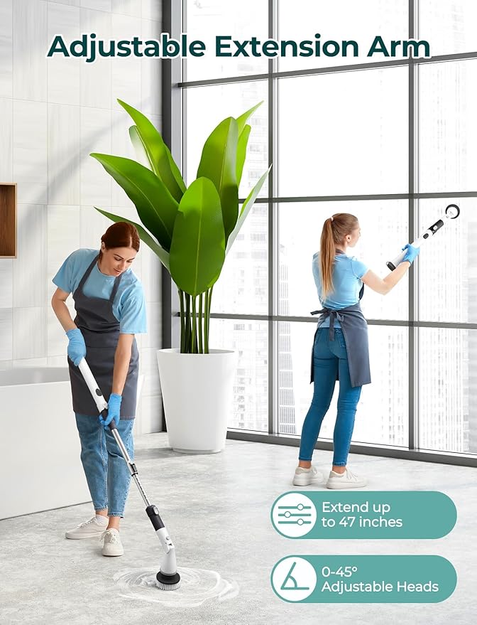 Sweepulire Electric Spin Scrubber for Cleaning, Shower Scrubber with Long Handle, 2 Spin Speeds, Bathroom Scrubber with 8 Replacement Heads, Bath Tub Cleaner Brush for Floor, Tub, Shower, Tile