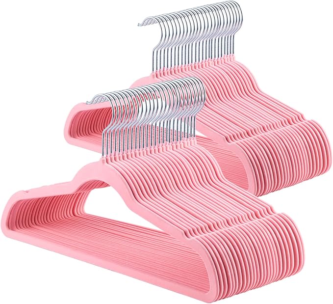 ELONG HOME Pink Slim Velvet Hangers, 50 Pack with 360 Swivel Hook, Non-Slip Heavy Duty for Coats, Pants & Dress Clothes