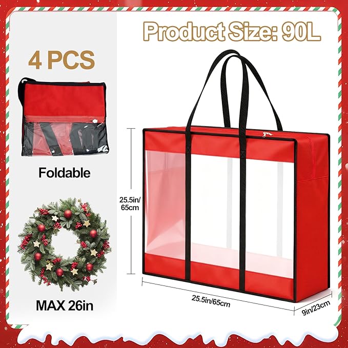 24 inches Christmas Wreath Storage Bag 4 Packs, 600D Heavy Duty Oxford Cloth Wreath Storage Container, Clear Moving Bags with Reinforced Handle for Xmas, Holiday, Moving & College Supplies
