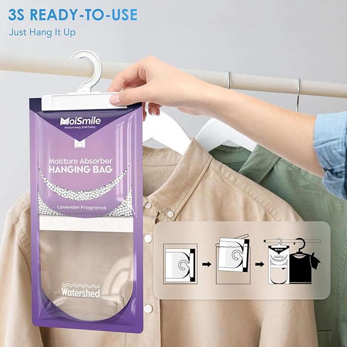 Moisture Absorbers 30 Pack Lavender Fragrance, Hanging Closet Dehumidifier Bags, Humidity Absorber, Compact Eliminates Odors Humidity Packs for Car, Bathroom, Bedroom, Basement, 9.8OZ