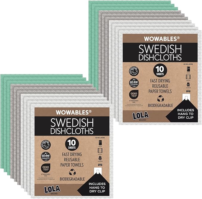 LOLA Swedish Dishcloths for Kitchen 20 Sheets, Biodegradable & Compostable Reusable Paper Towel Cleaning Cloths Zero Waste No Odor Washing Dishes Ultra Absorbent Cellulose Sponge Towel Made in Germany