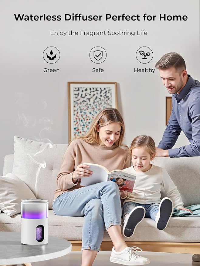 Waterless Diffuser for Essential Oil: Mini Battery Scent Diffuser for Room&Home&Car with 9 Colors LED Light - Aroma Cool Mist Machine Snow White