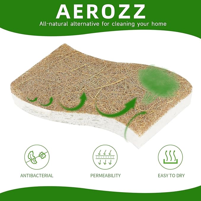 AEROZZ 10 Pack Biodegradable Natural Sponges Kitchen - Compostable Cellulose and Coconut Walnut Scrubber Sponge - Non Scratch Eco Friendly Quick Drying Sponges for Dishes