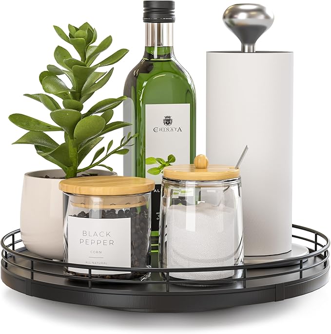 10" Oak Wood Lazy Susan Turntable Organizer, Lazy Susan for Cabinet Dining Table Pantry Kitchen Countertop Spice Bathroom Vanity Tray for Counter Dresser Sink Soap Holder Coffee Table Bar Decor Black