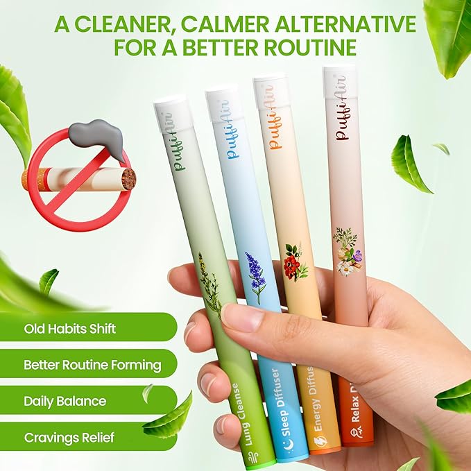 PUFFIAIR 4-Pack Herbal Diffuser Pen | Clean Botanical Aromatherapy Pens with 4 Variety Scents | Cool Mint & Herbal Fragrances | Smooth Daily Aromatherapy Experience | 600 Uses Per Pen