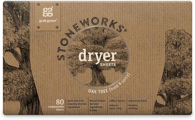 Grab Green Stoneworks Cruelty-Free Dryer Sheets | Softens Fabrics, Freshens Clothing & Reduces Static-Cling and Wrinkles | Plant Based | Oak Tree Scent (80 Sheets)