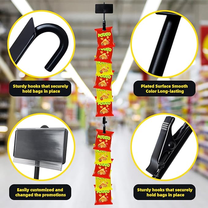 Hanging Merchandise Strips with Hooks Chip Display Rack Stands Potato Bag Holder 12 Clips for Retail Displaying Label Headers Greeting Card Party Vendors Snack Candy Portable Organizer Storage 6 Pack