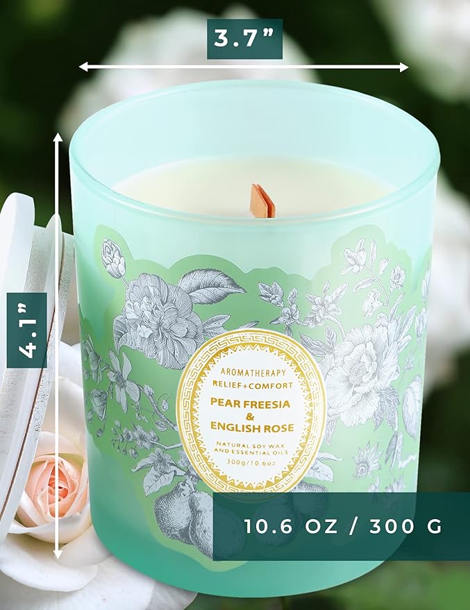 Large Scented Candle 10oz | Fresh Pear Freesia & Rose Soy Candle | Decorative Green Jar Wood Wick Candle Long Lasting | Aromatherapy Gift for Women & Men