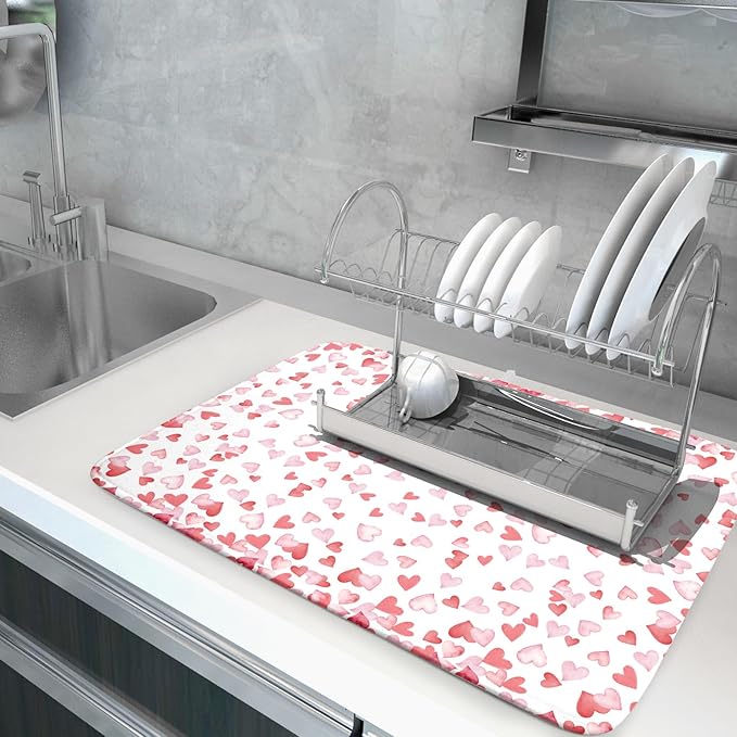 Valentine’s Day Dish Drying Mat for Kitchen Counter 24x18 Inch Watercolor Love Drying Mat with Absorbent Reversible Microfiber Pink Dish Drainer Mats Rack Pad for Coffee Countertop Protector