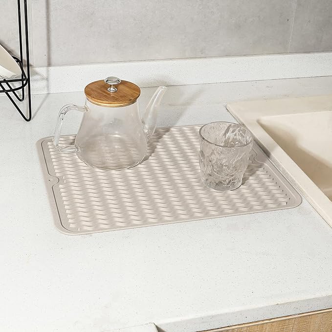 MicoYang Silicone Dish Drying Mat for Multiple Usage,Easy clean,Eco-friendly,Heat-resistant Silicone Mat for Kitchen Counter or Sink,Refrigerator or drawer liner Tapioca L 16 inches x 12 inches