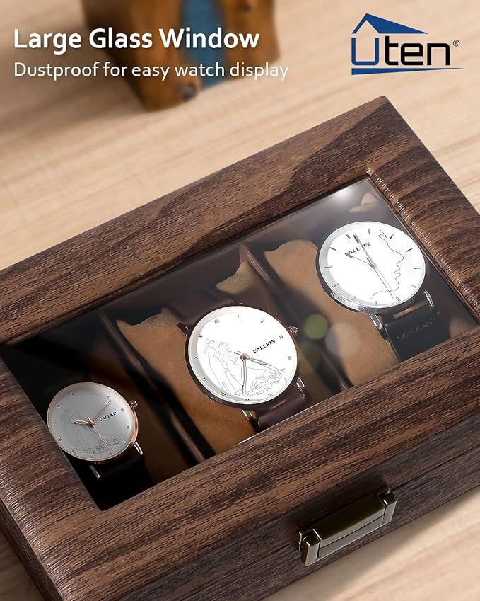 Uten Watch Box 3 Slots, Watch Case Organizer with Real Glass Lid, Wood Grain PU Leather Watch Display Storage Box with Removable Imitation Suede Watch Pillows, Metal Clasp