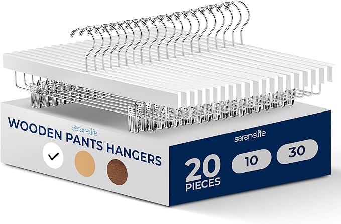 SereneLife 20 Pack Skirt and Pant Hanger with Adjustable Non-Slip Steel Clips, Premium Wooden, 360° Swivel Hook & 10 lb Capacity – Space-Saving Heavy-Duty Hangers for Jeans, Shorts & Slacks (White)
